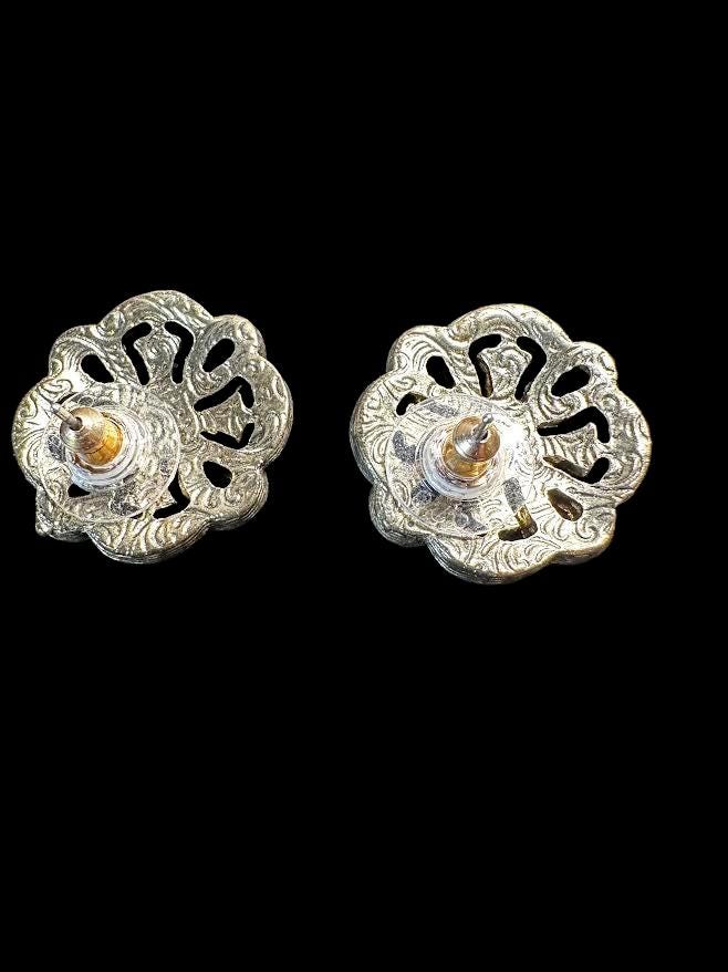 Vintage 1920s Art Deco Black & White Crystal Floral Statement Earrings - Gold Tone Antique Jewelry