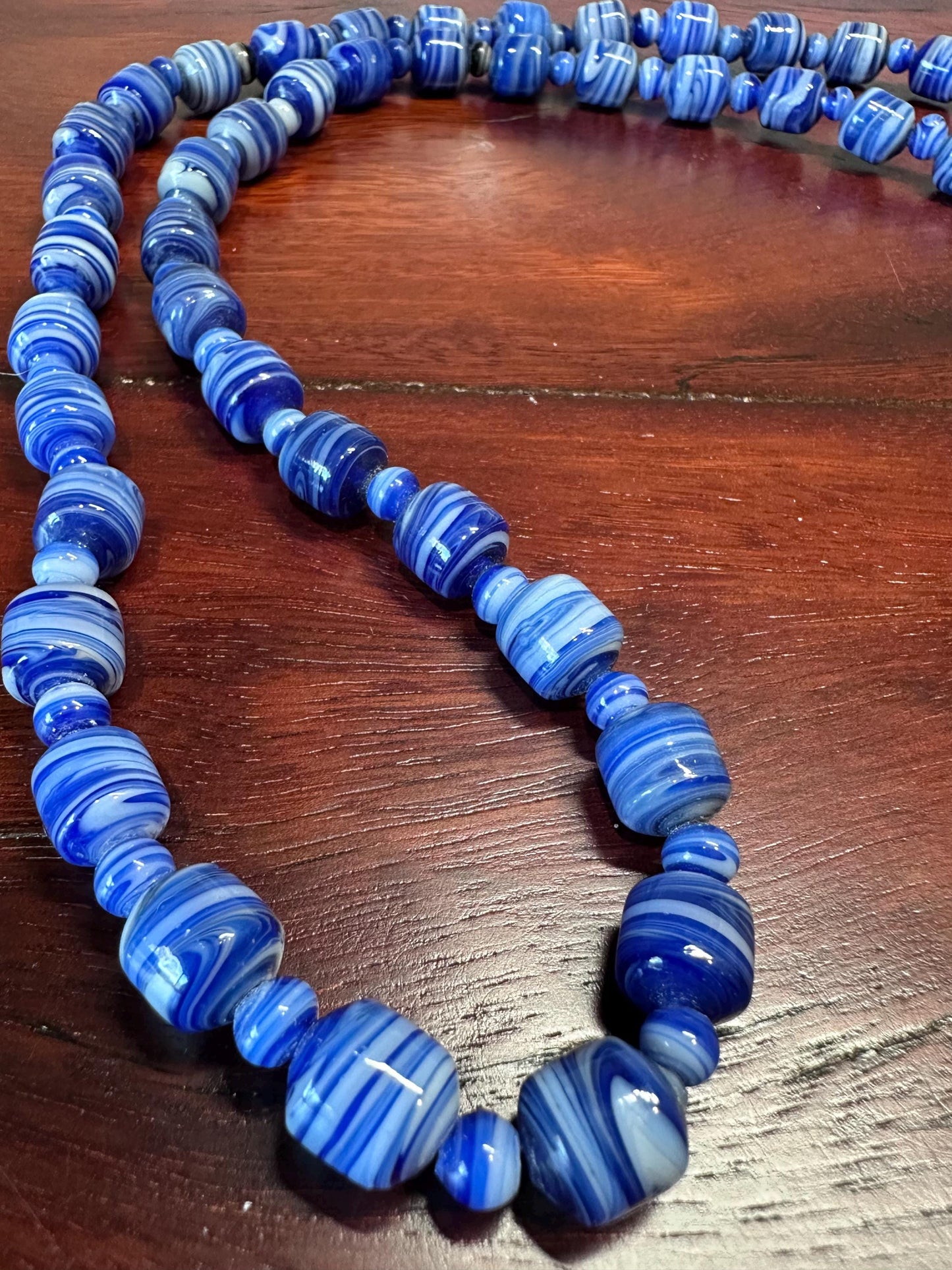 Bohemian Blue Striped Barrel Necklace - Handcrafted Czech Glass Beaded Jewelry for Women