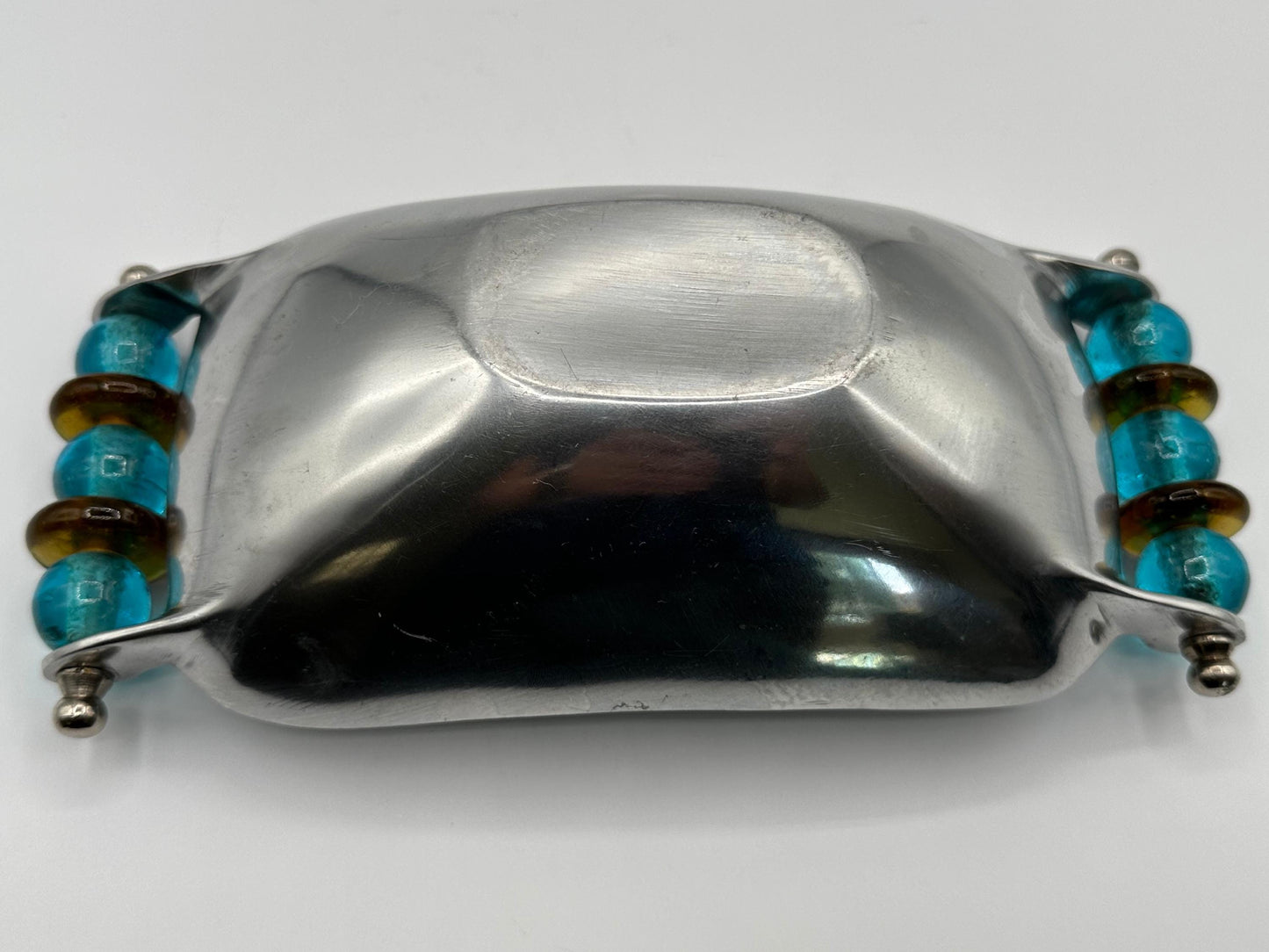 Vintage Silver Rectangle Serving Platter with Elegant Blue & Brown Bead Accents - Retro Tableware