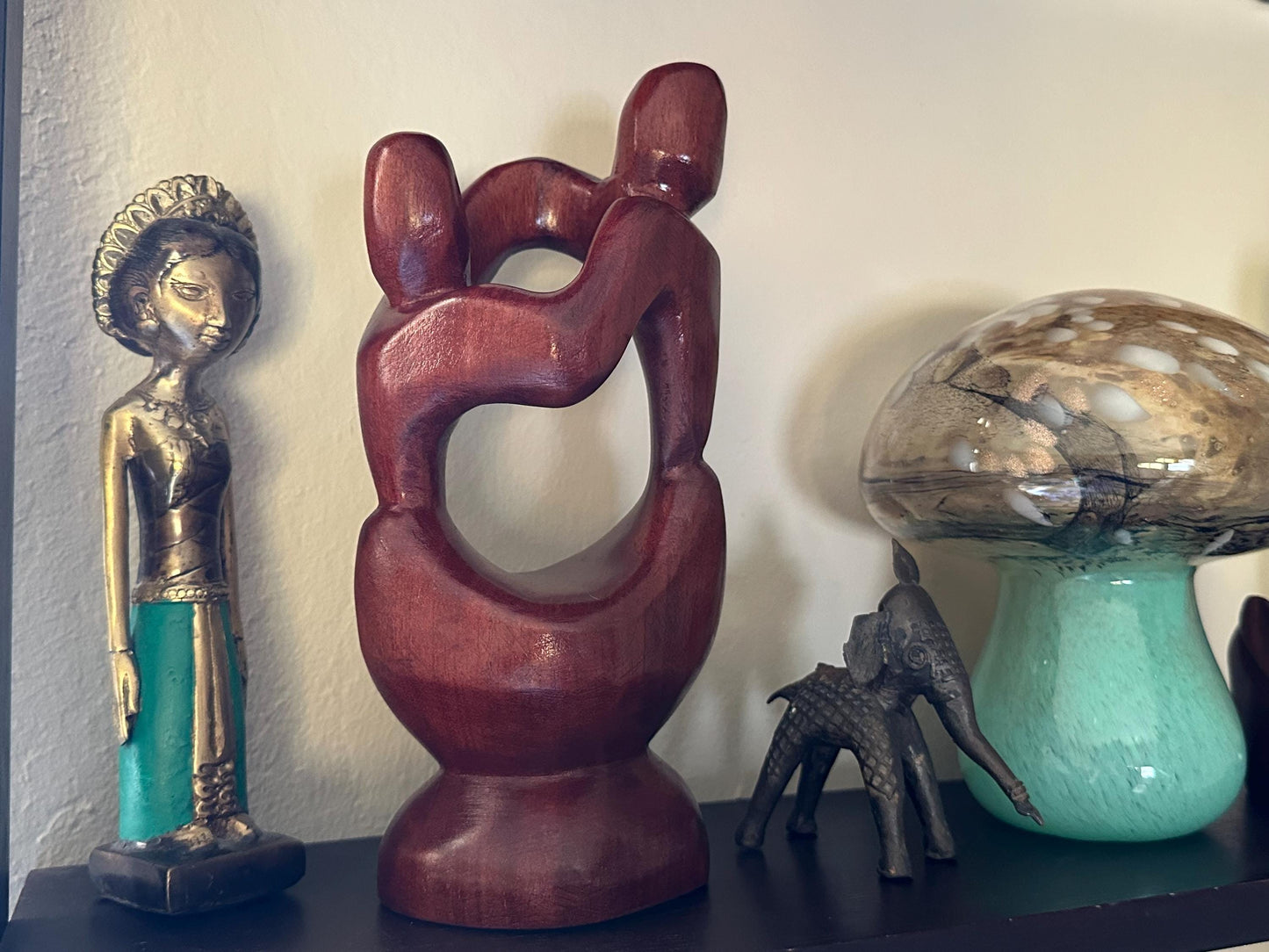Handcrafted Abstract Wooden Lovers Sculpture - 10 Inch Romantic Couple Statue by A. Vancooten