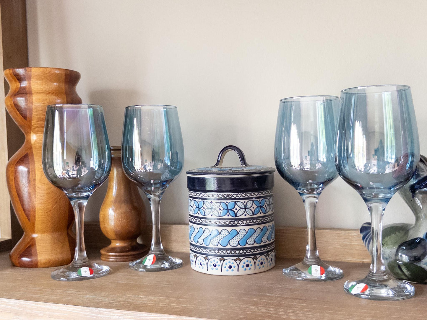 Vintage Italian Handblown Iridescent Blue Wine Glasses - Elegant Retro Glassware for Home Bar