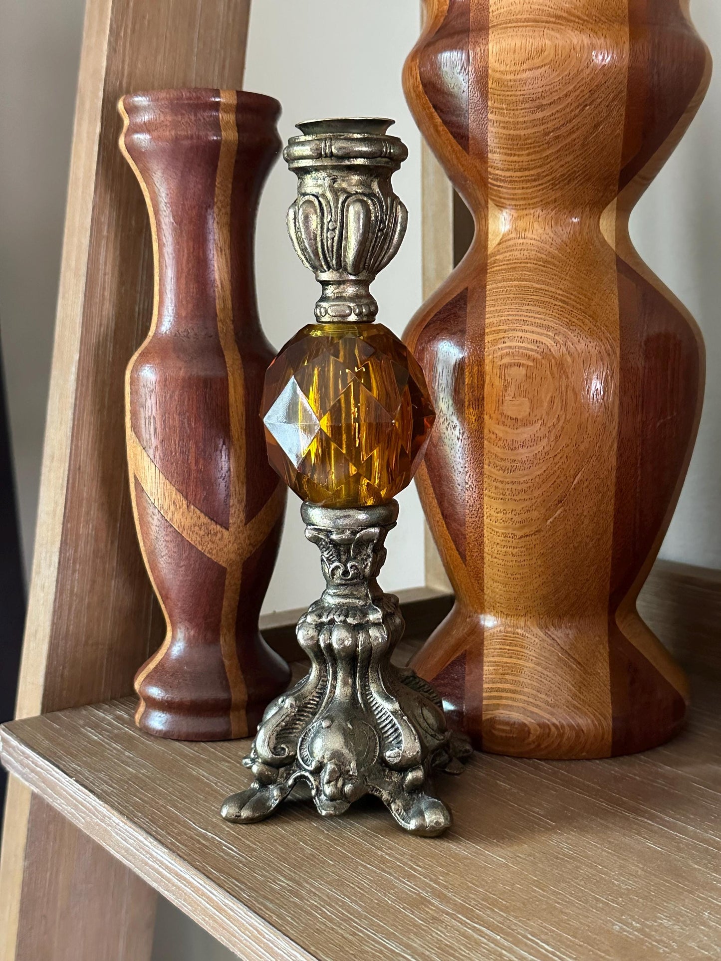 Retro Amber Lucite & Brass Candle Holder: Mid-Century Modern Glam Decor for Hollywood Regency Style