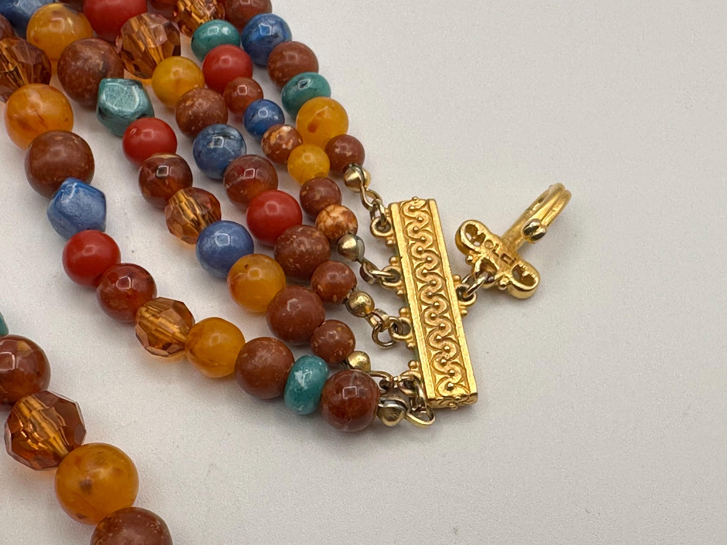 Vintage Liz Claiborne Multi-Strand Colorful Beaded Statement Necklace with Gold Accents Retro Designer Jewelry