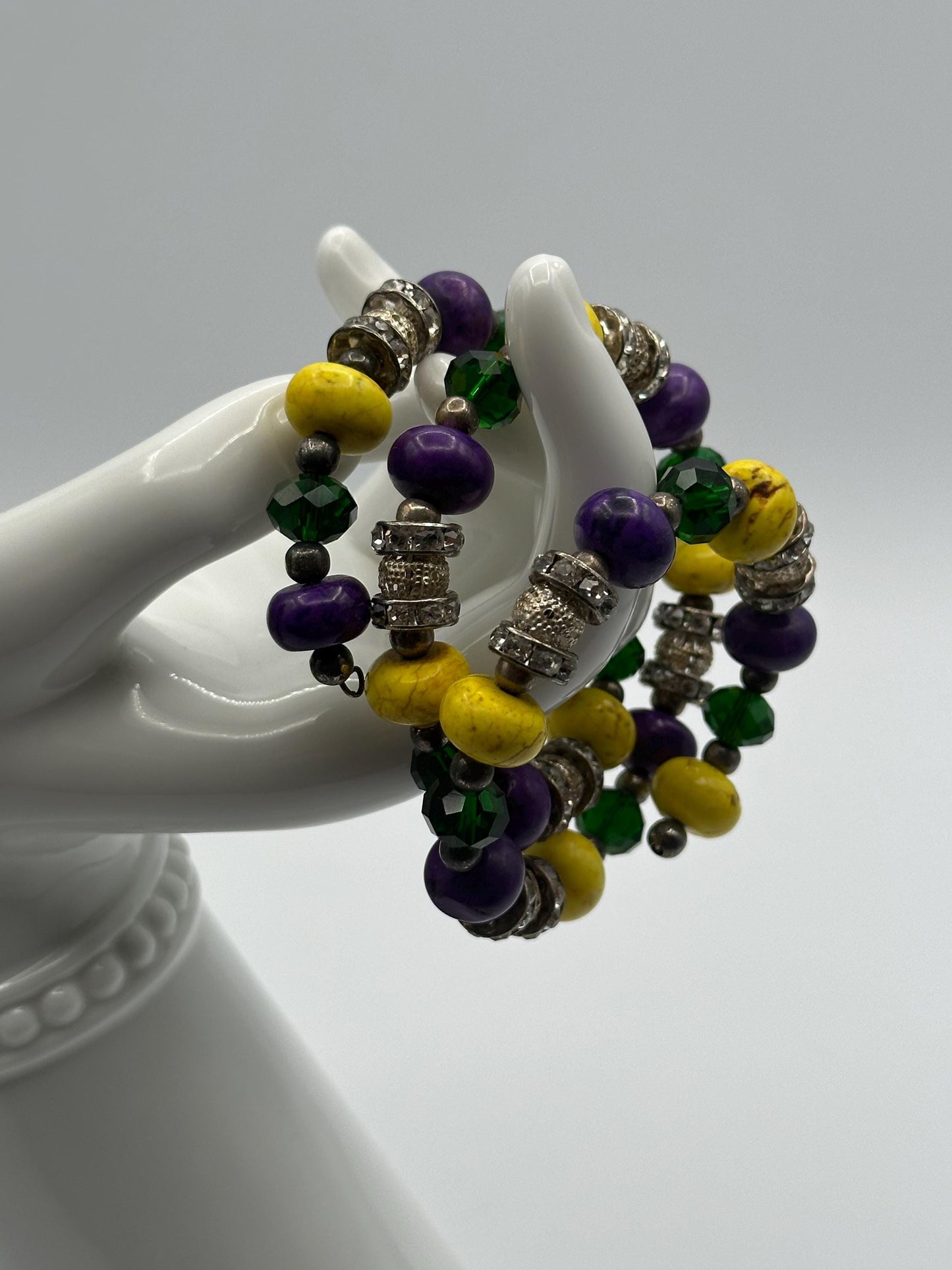 Mardi Gras Purple Yellow Beaded Necklace Green Crystal Rhinestone Spacer Charms Matching Wrap Bracelet Set