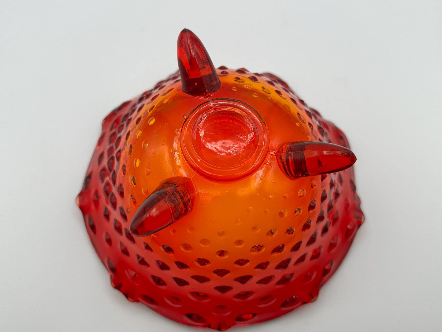 Vintage Fenton Amberina Glass Hobnail Dish 3 Footed Scalloped Edge Collectible