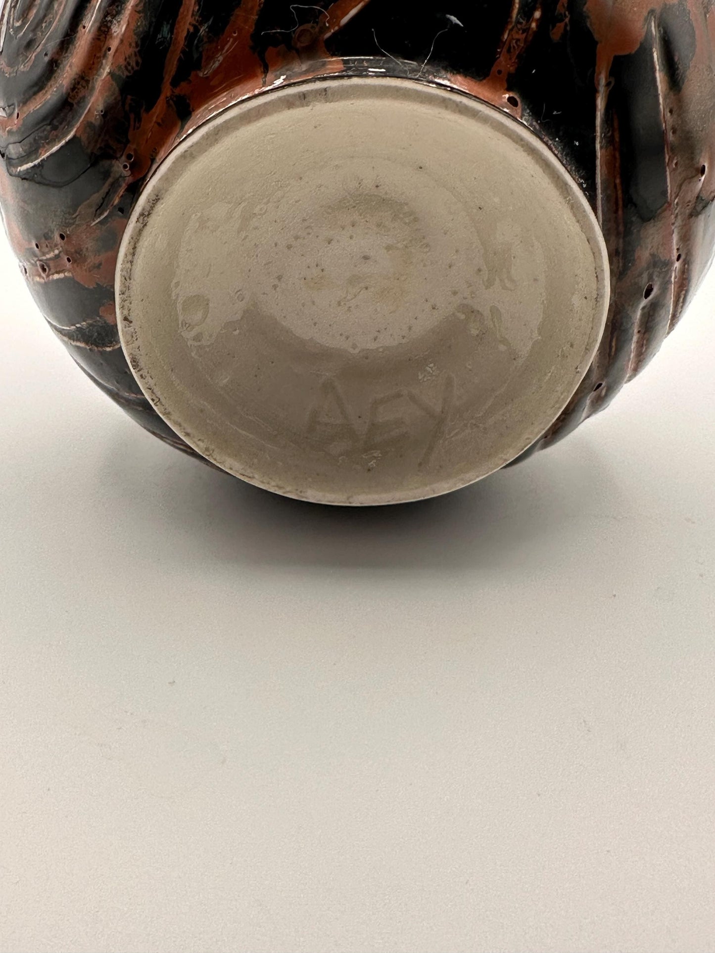 Handcrafted Studio Pottery Jug - Signed AEY Rustic MCM Brown Black Swirl Glaze Pitcher