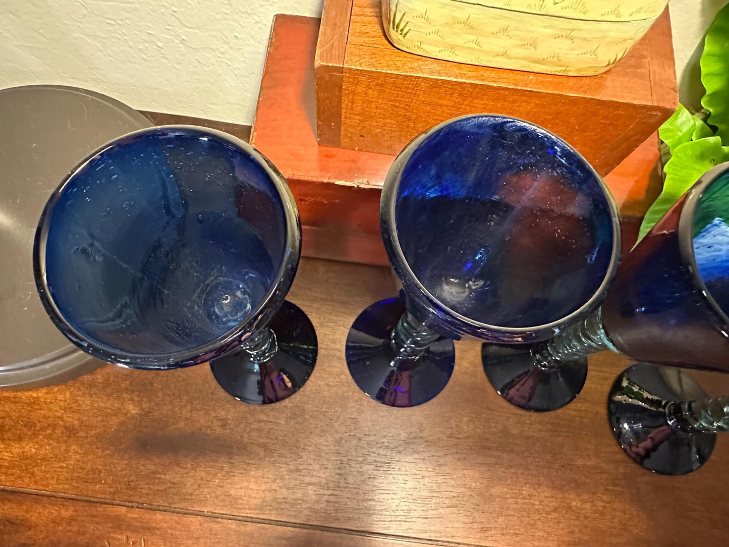 Vintage Cobalt Blue Mexican Hand-Blown Twisted Stem Wine Goblets - Set of 4 Mid-Century Barware Glasses