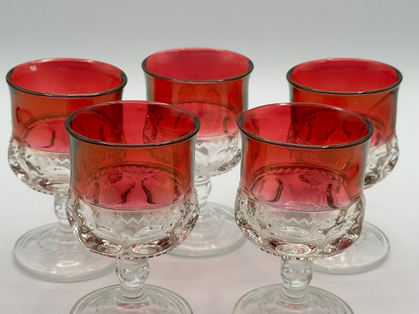 Vintage Ruby Kings Crown Water Goblets Glasses Set of 5 Red Depression Glass Stemware Collection