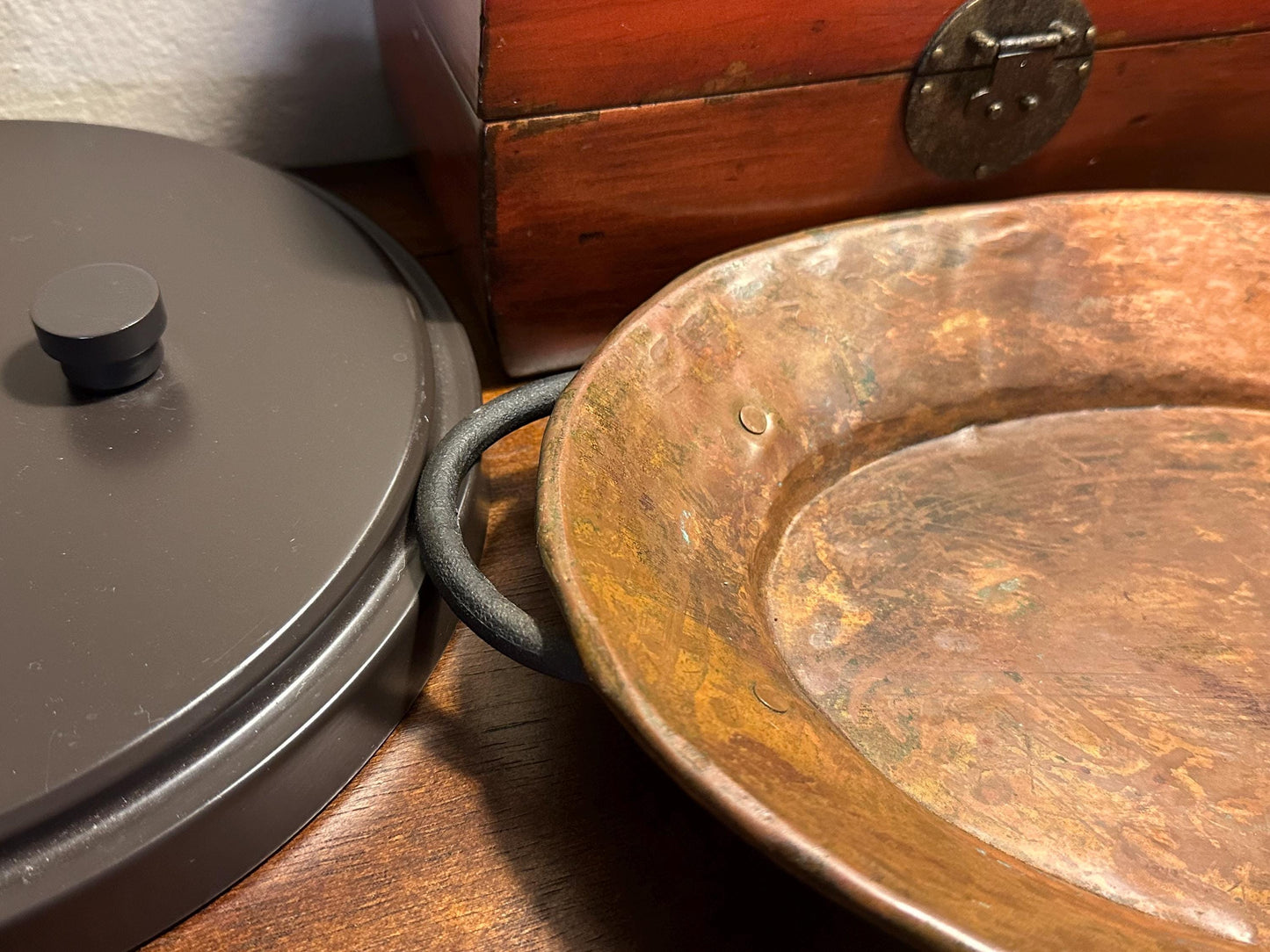Vintage Handmade Hammered Copper Serving Tray with Handles Rustic Patina Turkish Artisan Crafted