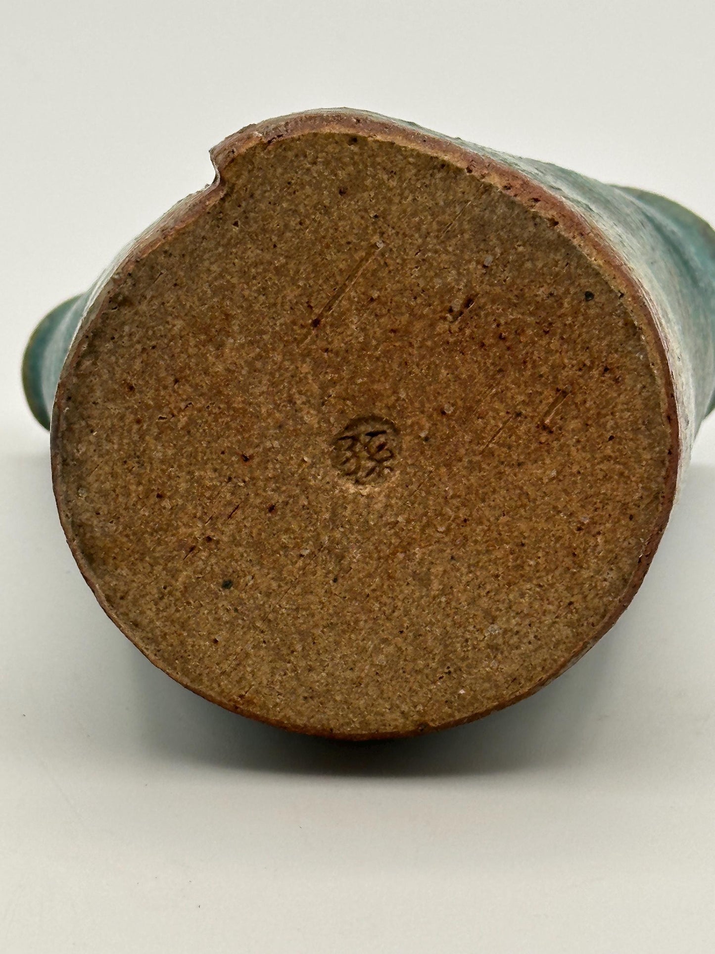 Artist Signed Studio Pottery Vase 4.5" Handmade Ceramic Small Decorative Vessel Rustic Green Blue Glaze
