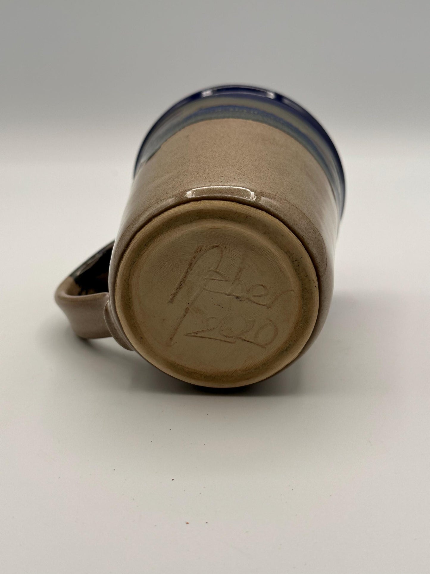 Artist Signed Handmade Studio Pottery Coffee Mug Blue Drip Glaze Ceramic Stoneware Cup