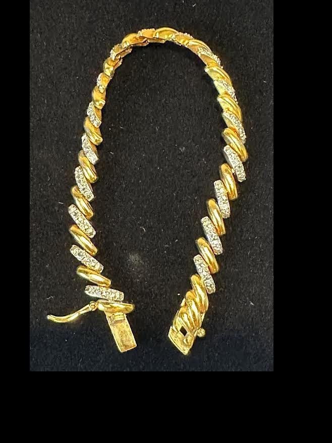 Elegant Iced Out Gold Tone Sterling Silver Cuban Link Bracelet with Sparkling Crystals
