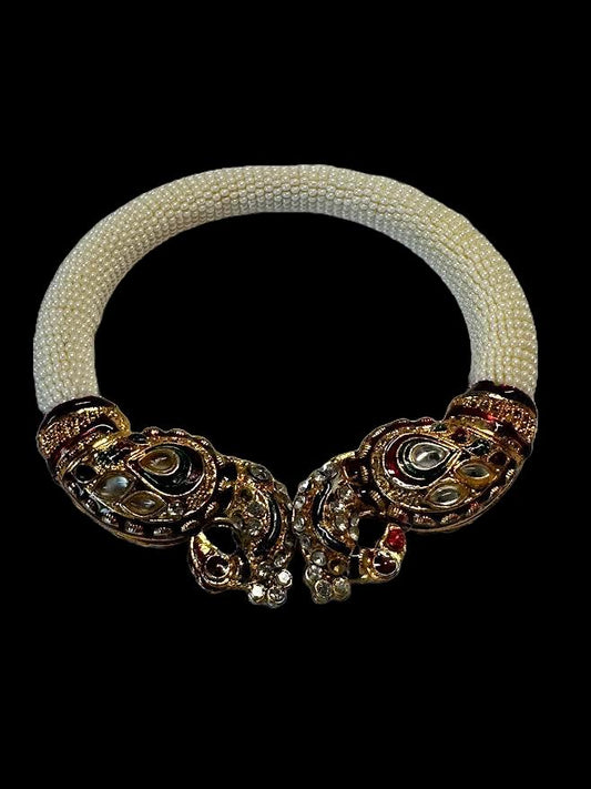 Elegant Gold Paisley Indian Bangle with Pearl Beads - Traditional Statement Jewelry Bracelet