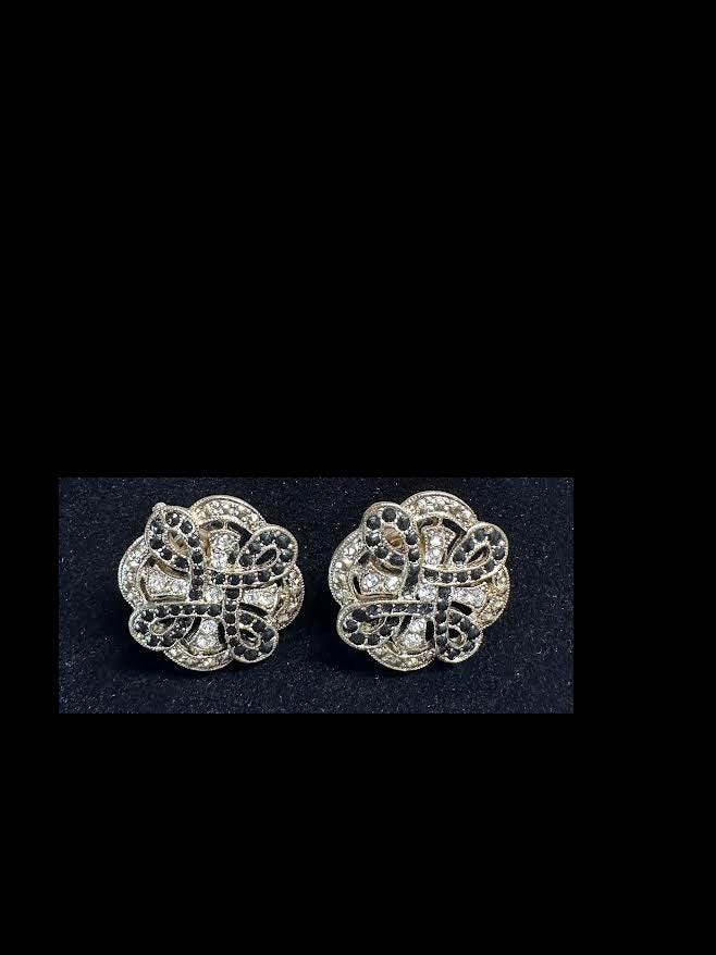 Vintage 1920s Art Deco Black & White Crystal Floral Statement Earrings - Gold Tone Antique Jewelry