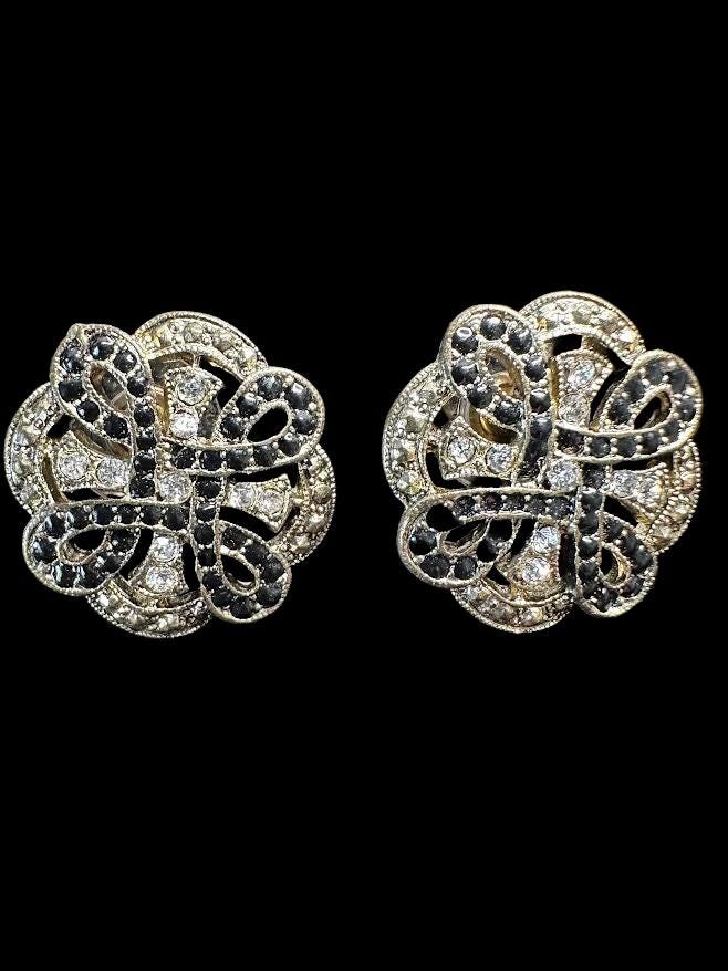 Vintage 1920s Art Deco Black & White Crystal Floral Statement Earrings - Gold Tone Antique Jewelry