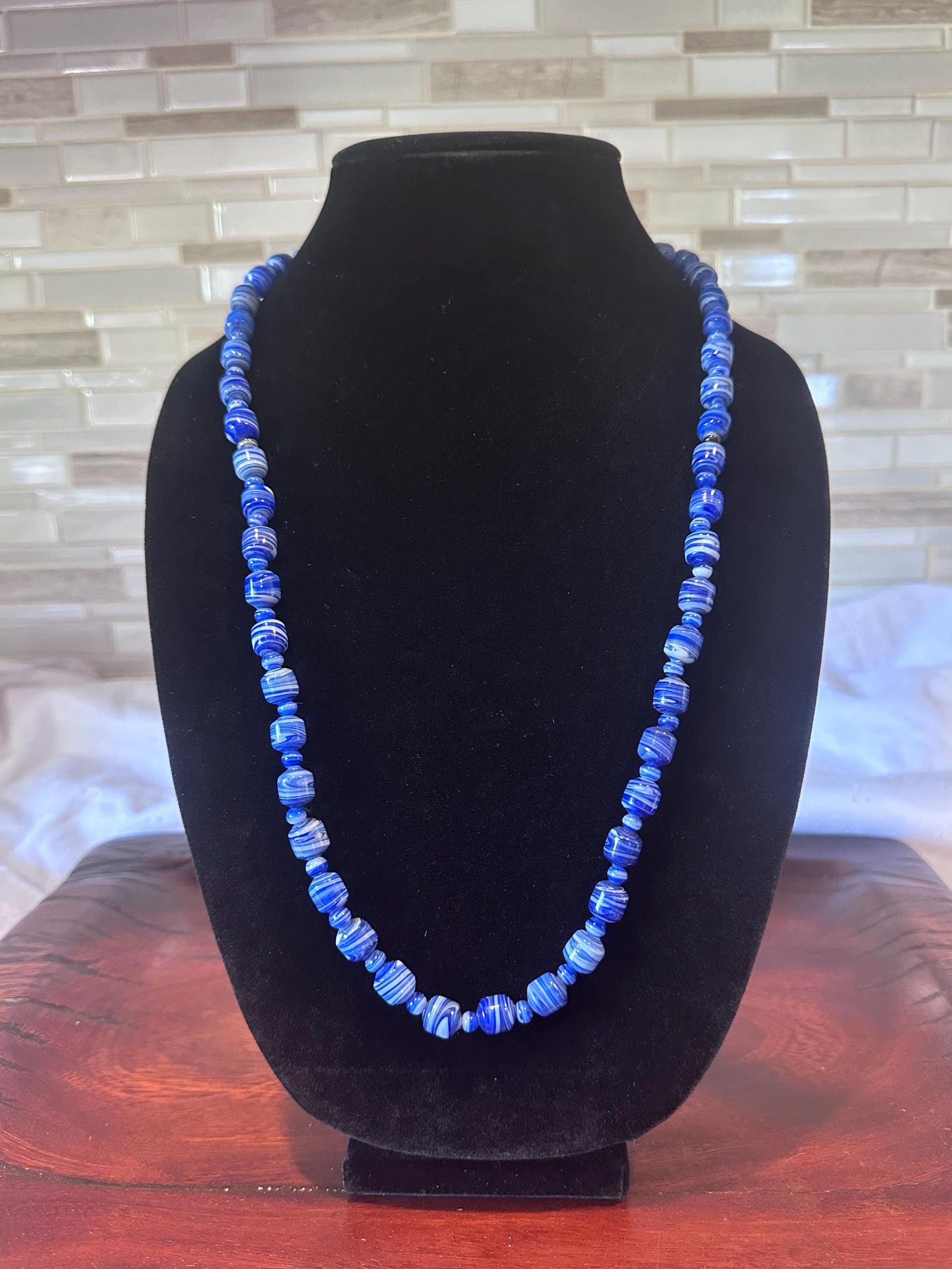Bohemian Blue Striped Barrel Necklace - Handcrafted Czech Glass Beaded Jewelry for Women