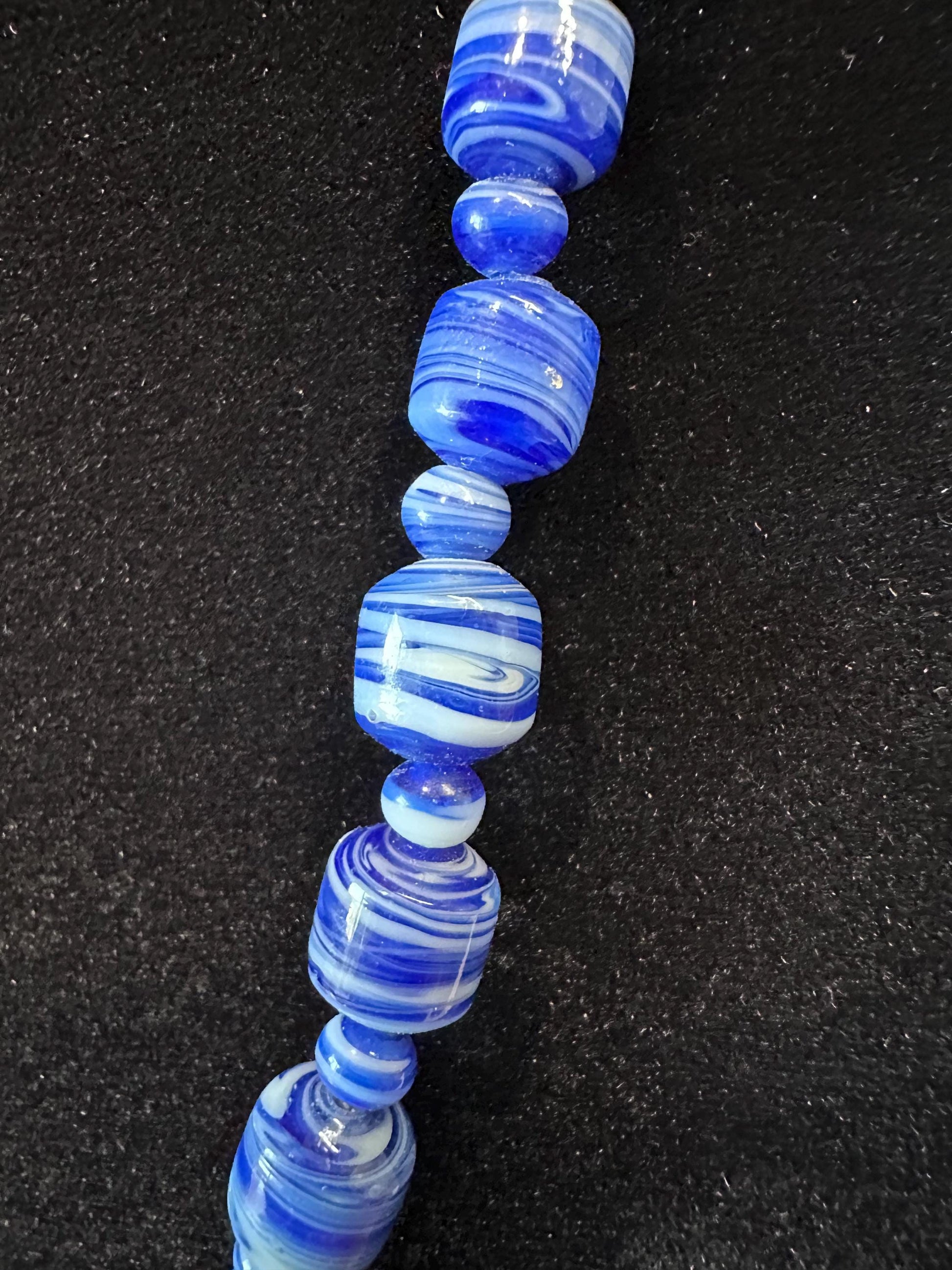 Bohemian Blue Striped Barrel Necklace - Handcrafted Czech Glass Beaded Jewelry for Women