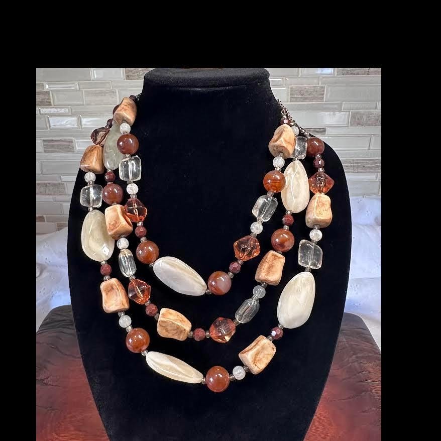Vintage Earth Tone Chunky Beaded Statement Necklace: Boho Amber Stone Jewelry for Women