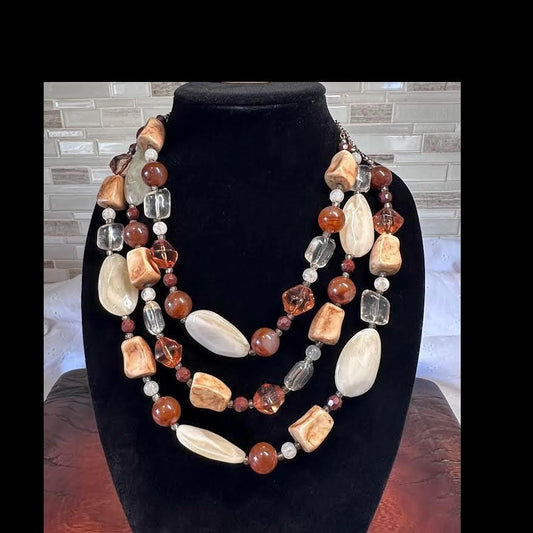 Vintage Earth Tone Chunky Beaded Statement Necklace: Boho Amber Stone Jewelry for Women