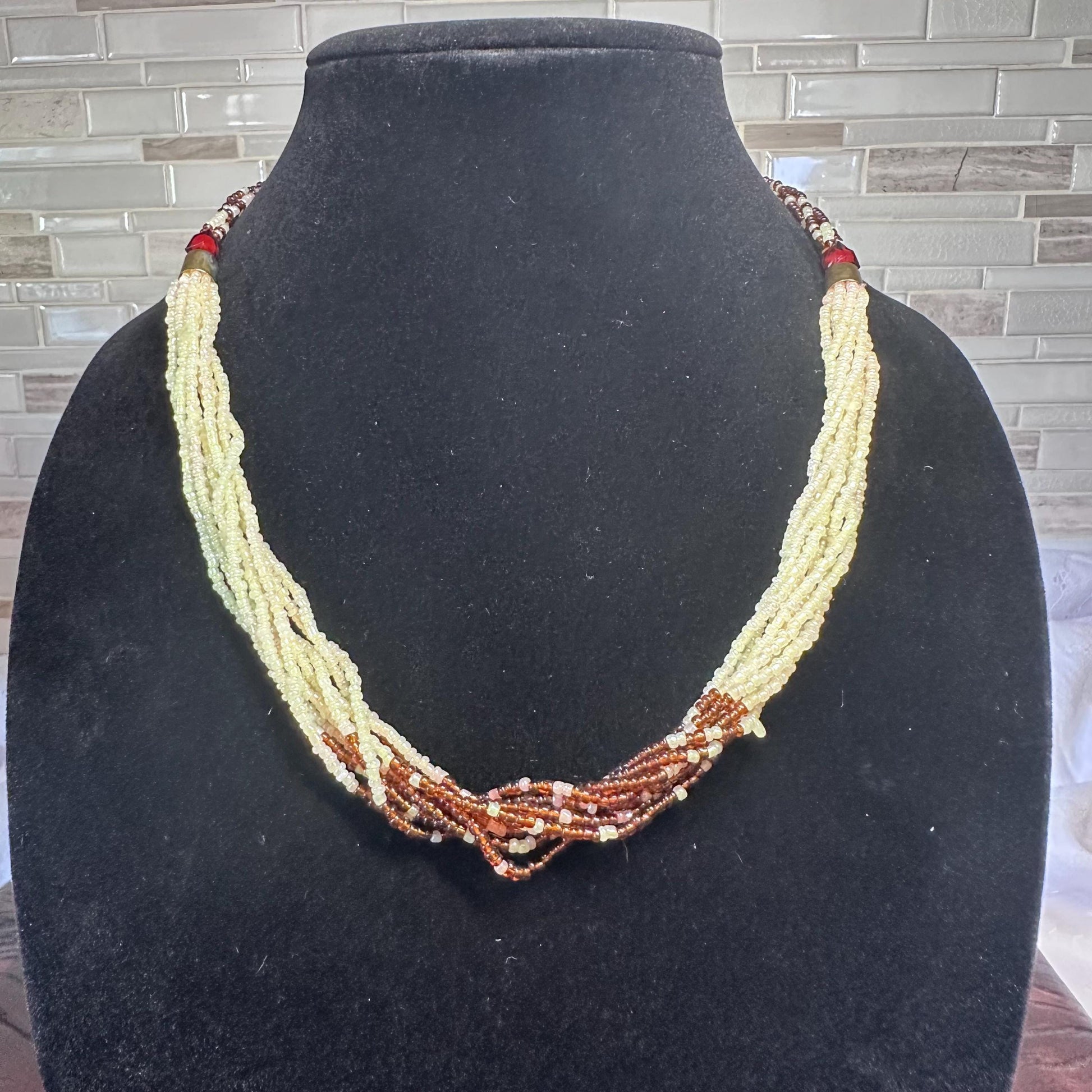 Bohemian Multi-Strand Seed Bead Necklace - Vintage Inspired Tribal Statement Jewelry in Ivory and Brown