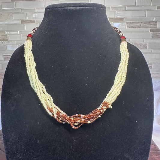 Bohemian Multi-Strand Seed Bead Necklace - Vintage Inspired Tribal Statement Jewelry in Ivory and Brown