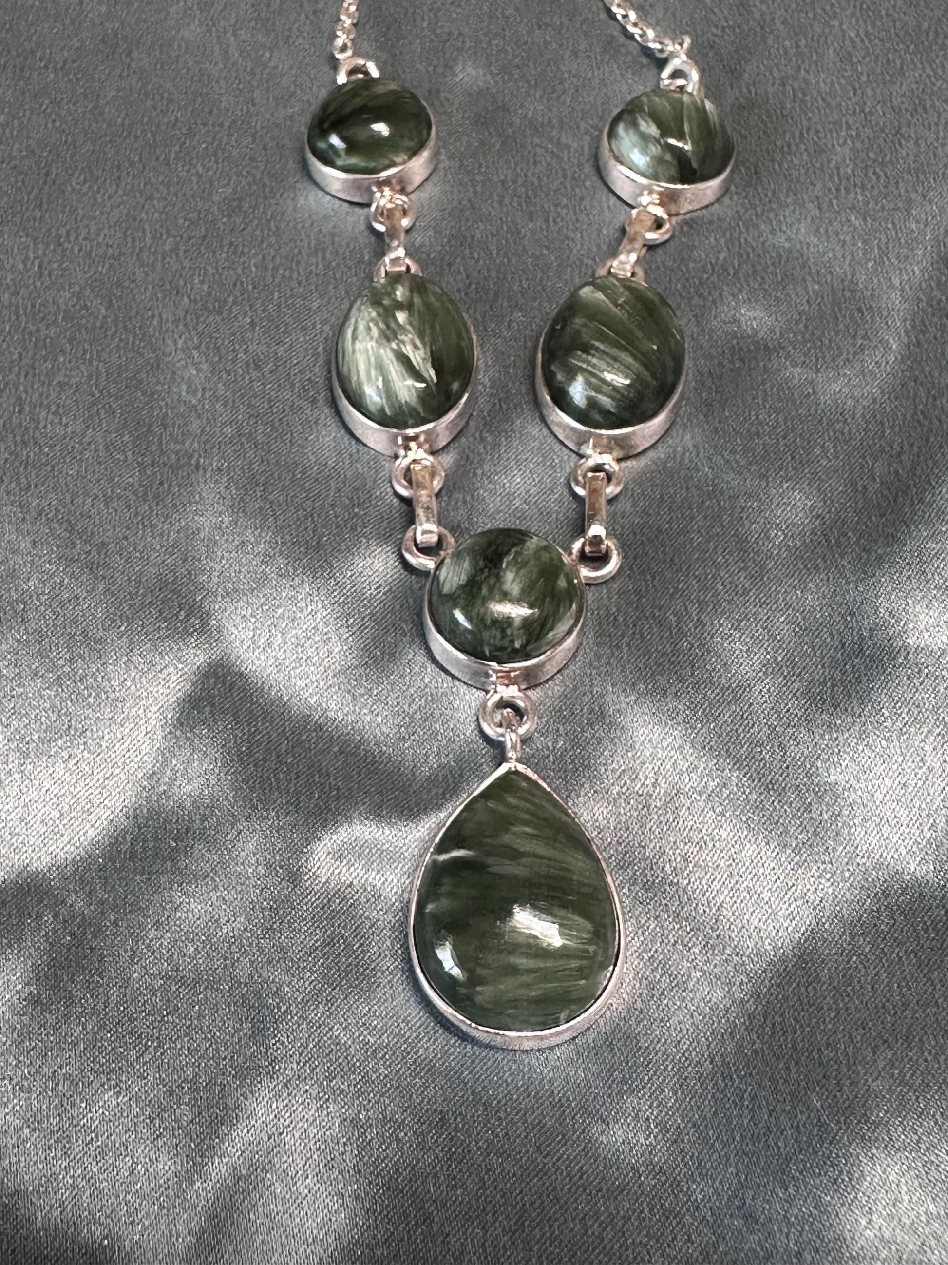 Seraphinite Statement Necklace: Spiritual Crystal Pendant in Sterling Silver - Elegant Natural Stone Jewelry