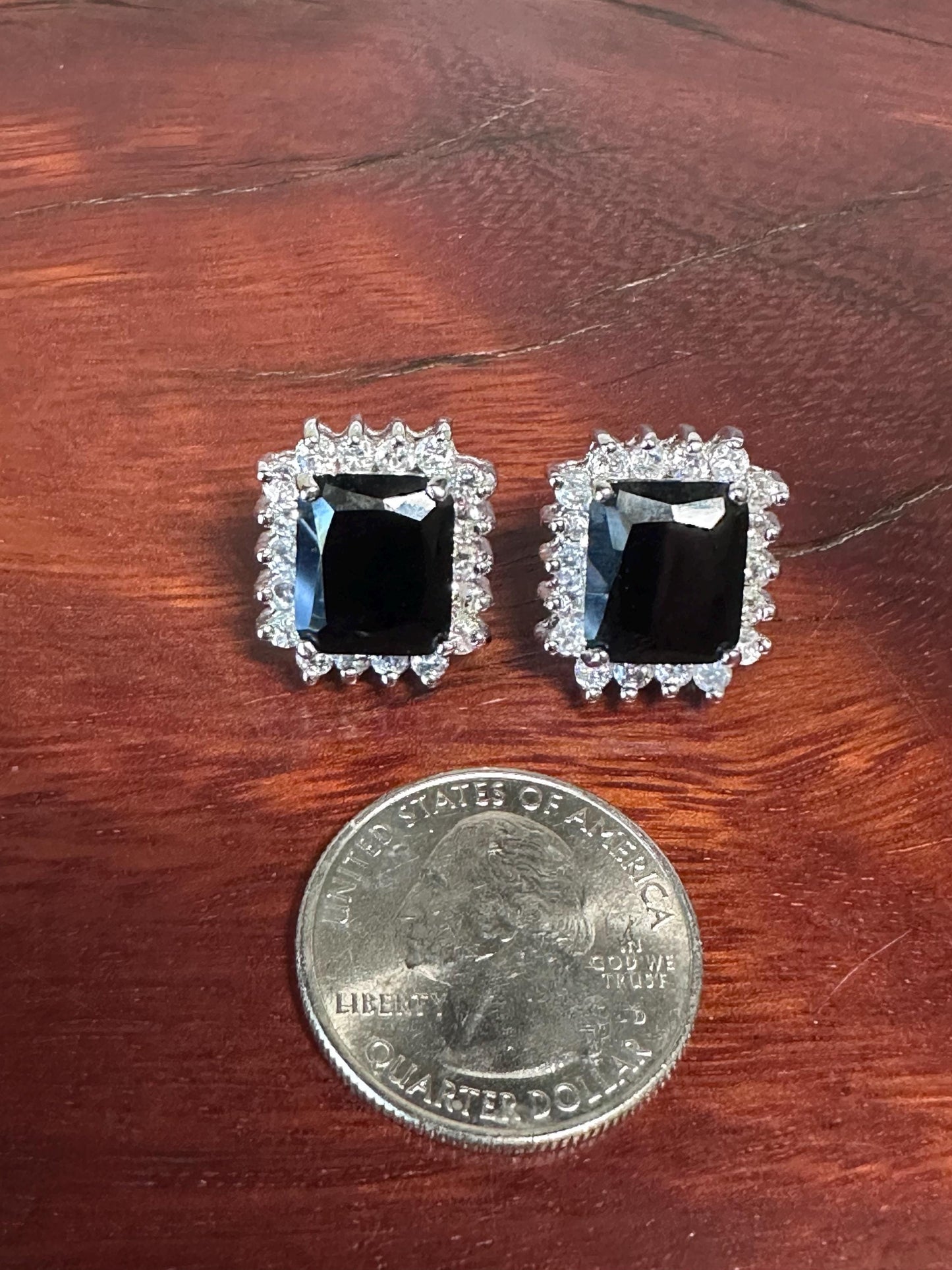 Elegant Vintage Black Stone Earrings with Crystal Halo - Emerald Cut Silver Tone Jewelry
