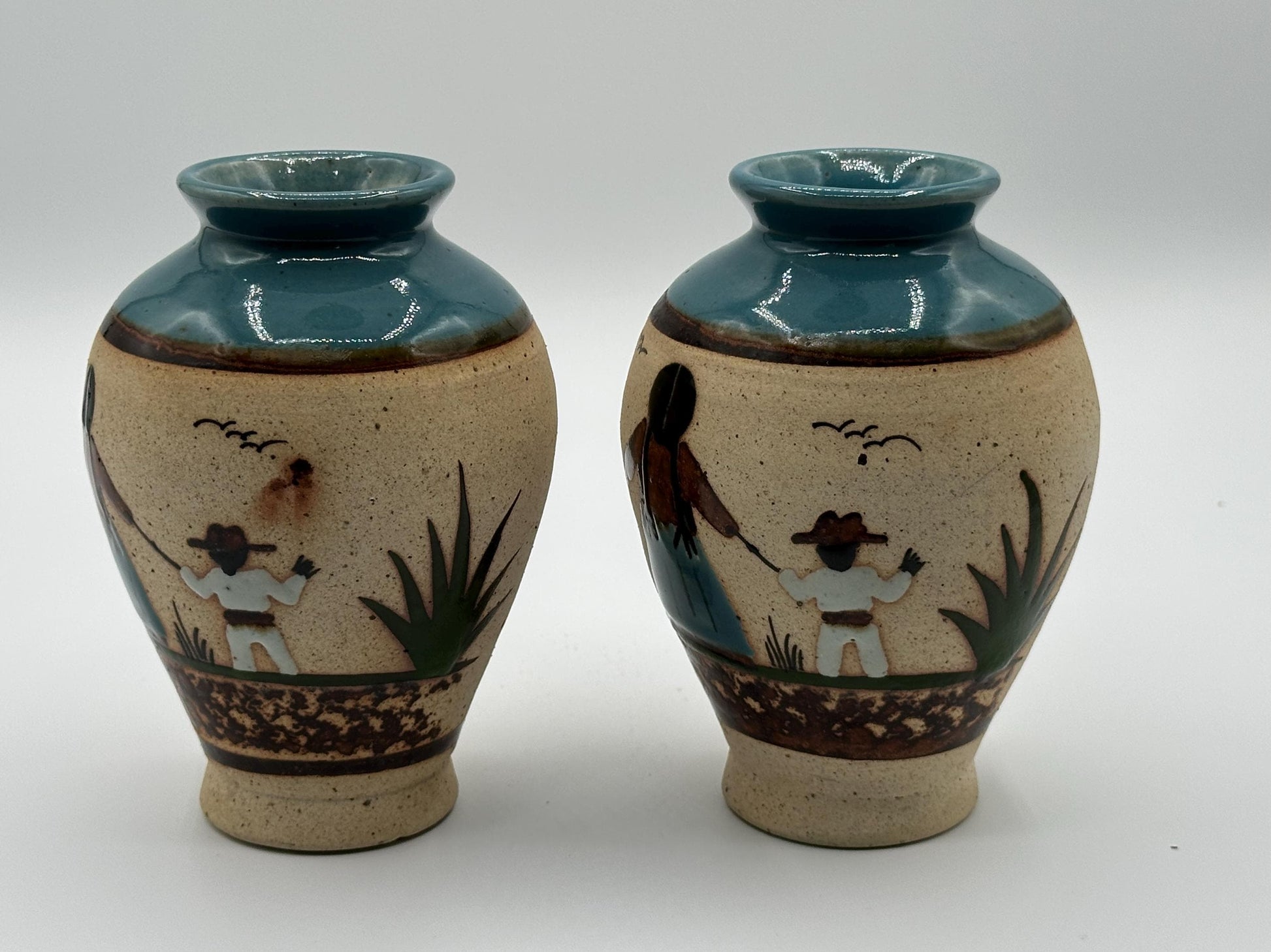 Vintage Mexican Pottery Vases: Hand-Painted Desert Scene - Boho Decor