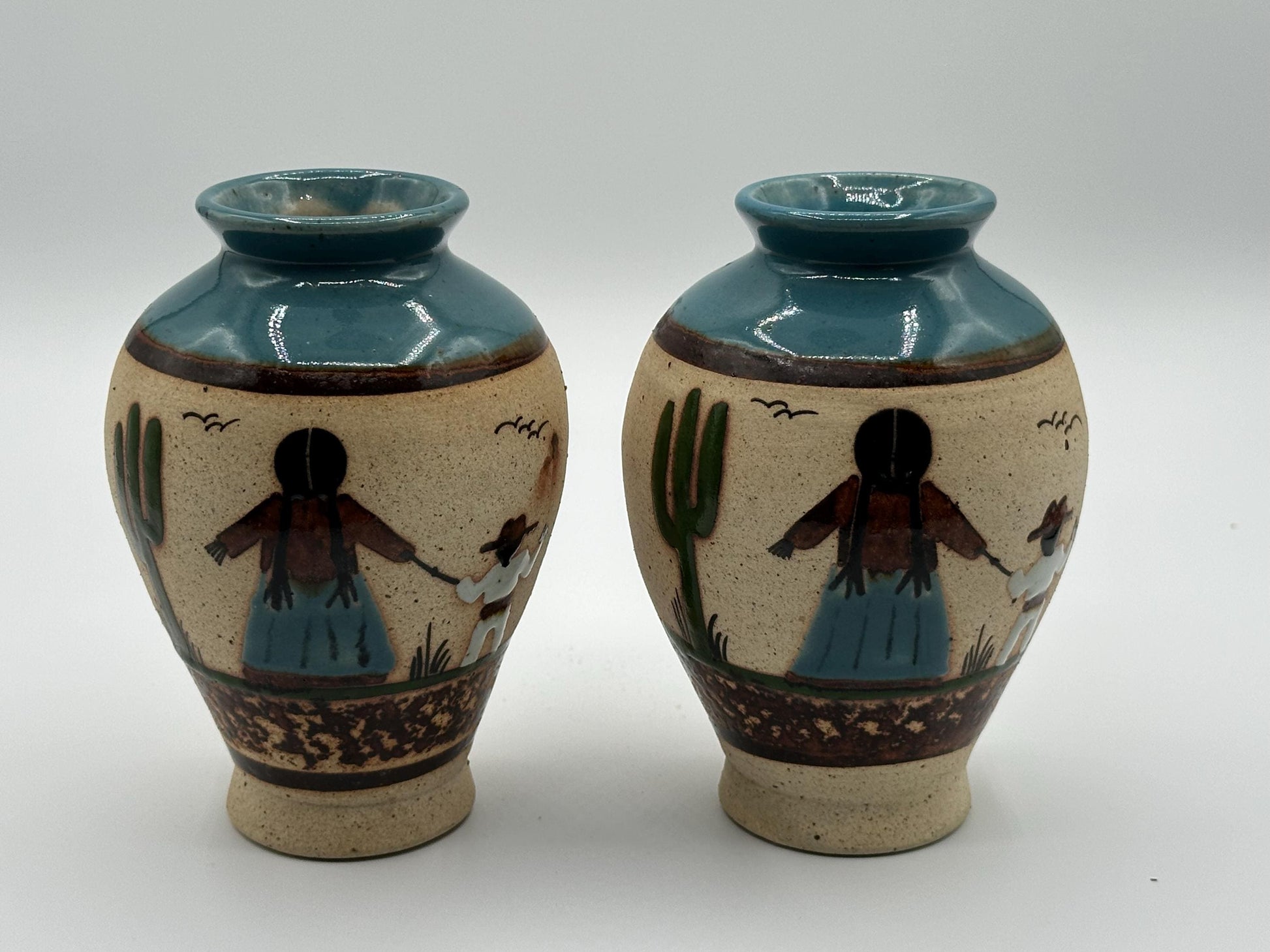 Vintage Mexican Pottery Vases: Hand-Painted Desert Scene - Boho Decor