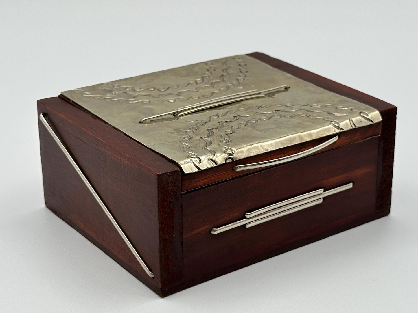 Rustic Handcrafted Wooden Jewelry Box with Hammered Metal Lid - Unique Keepsake Storage Gift