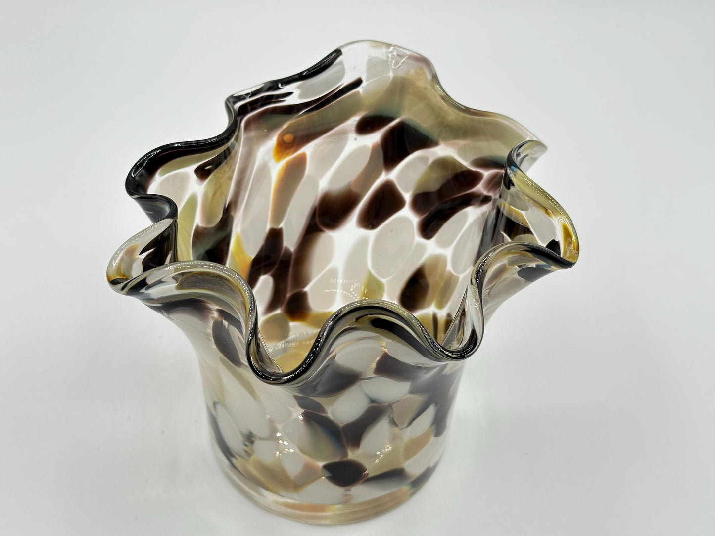 Vintage Zorza Hand-Blown Amber Brown Ruffled Art Glass Vase - Mid-Century Modern Home Decor Collectible