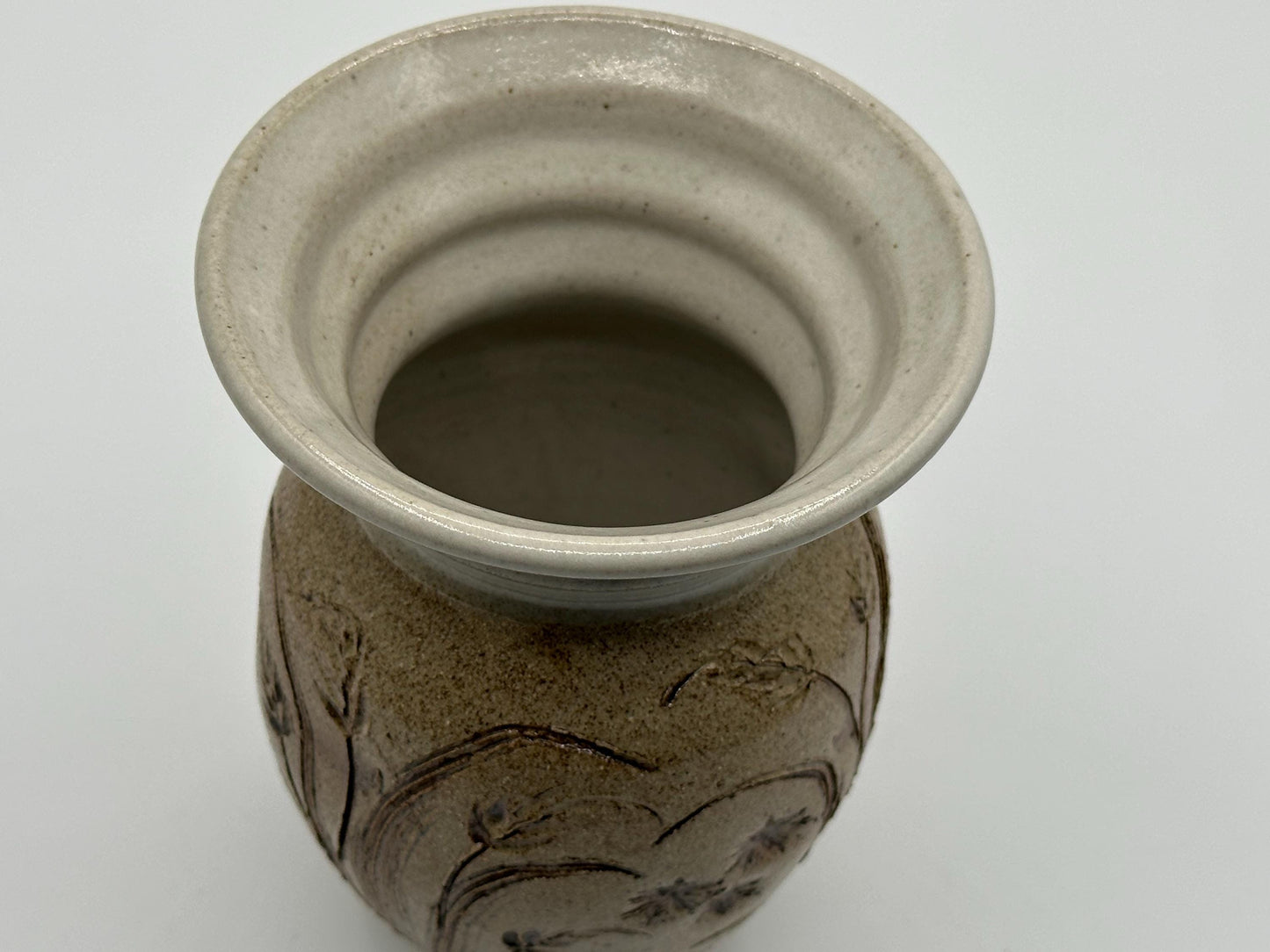 Rustic Handcrafted Floral Etched Stoneware Vase - Farmhouse Cottagecore Ceramic Pottery Décor