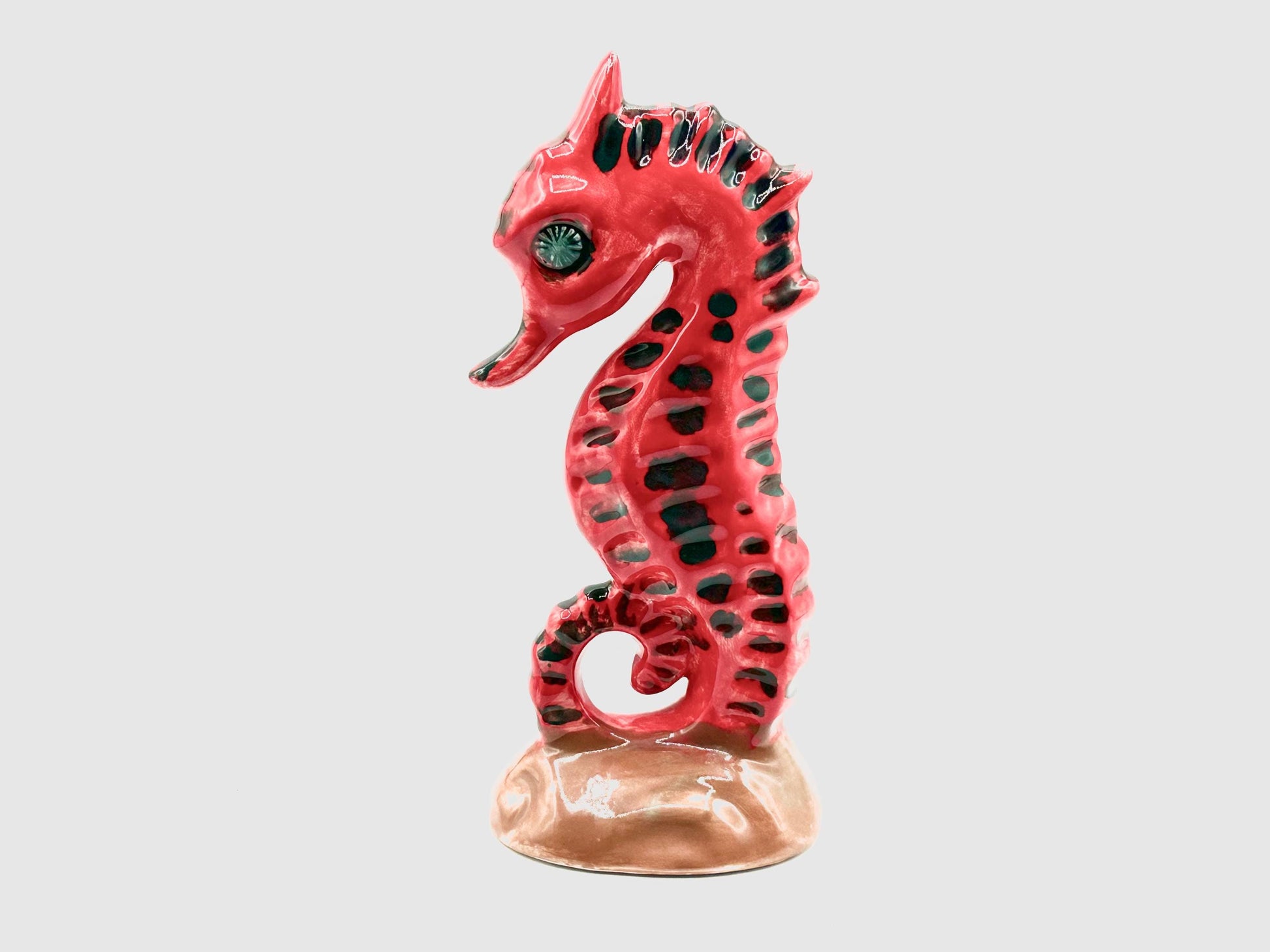 Vintage Mid-Century Red Ceramic Seahorse Figurine - Bold Nautical Coastal Beach House Accent Decor