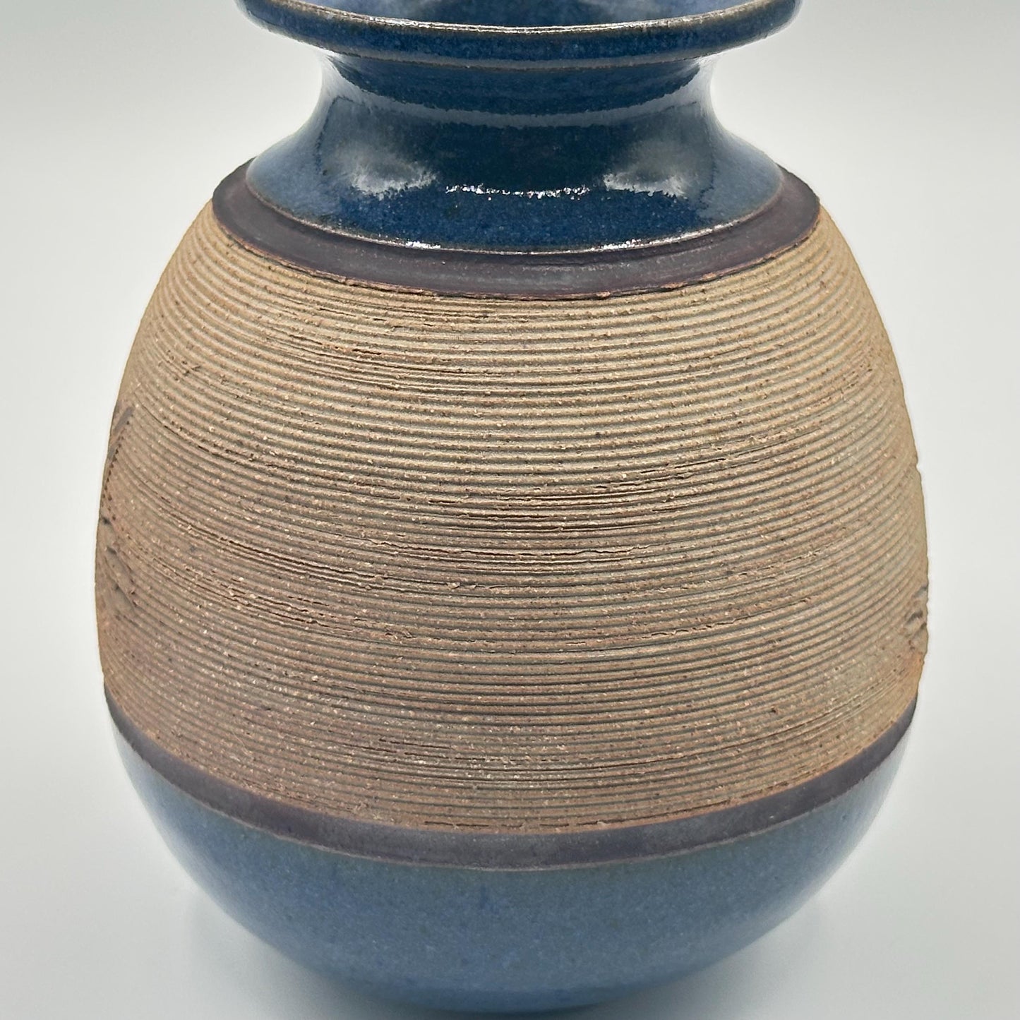 Rustic Blue Glazed Stoneware Vase with Carved Botanical Design - Handmade Artisan Pottery