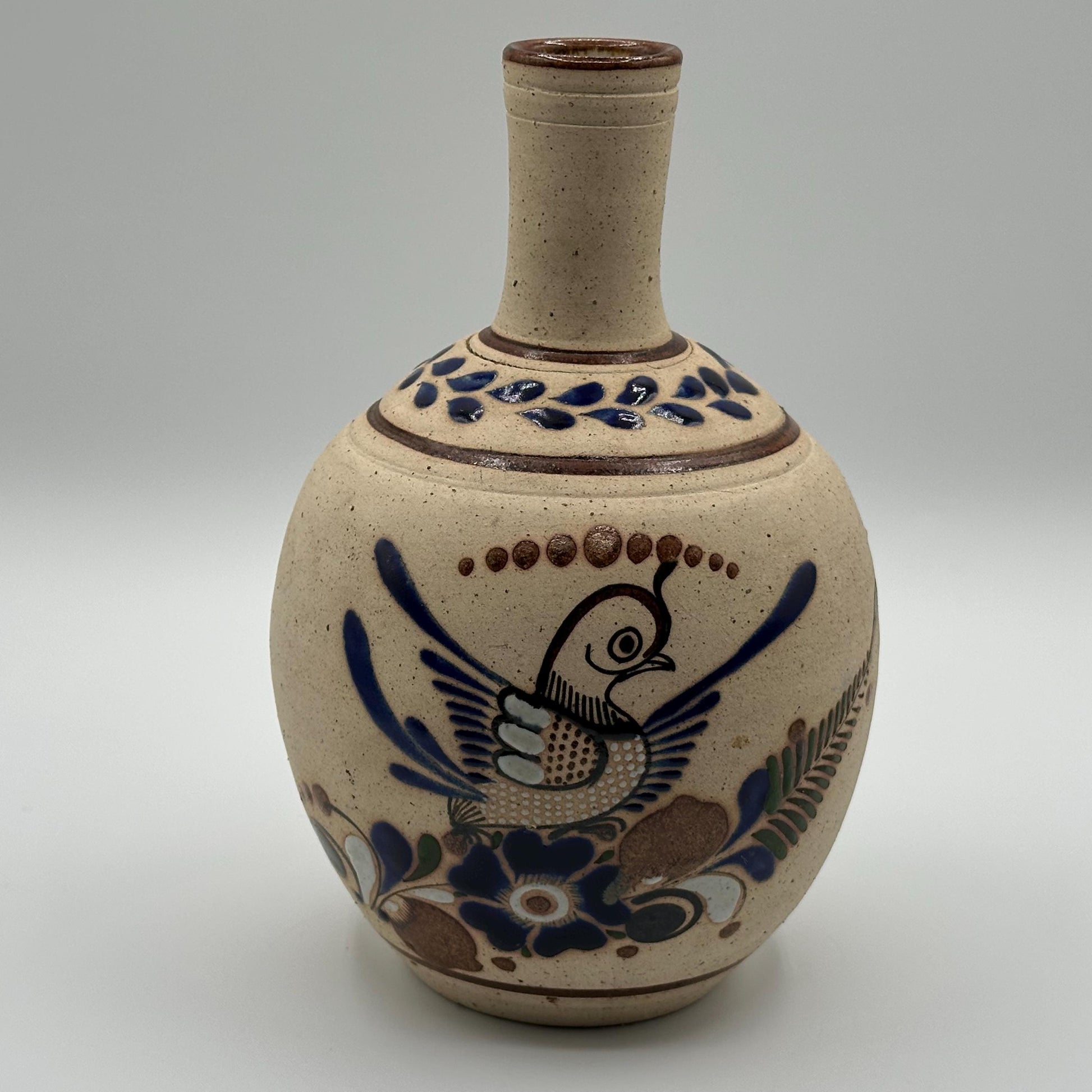 Vintage Hand-Painted Mexican Folk Art Vase - Rustic Ceramic Pottery with Bird & Floral Design