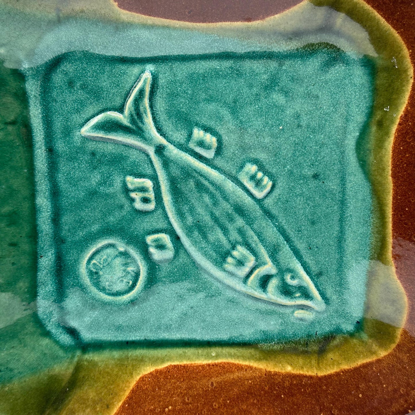 Vintage Green & Brown Studio Pottery Plate - Artisan Ceramic Dish with Fish Motif - MCM Wall Art