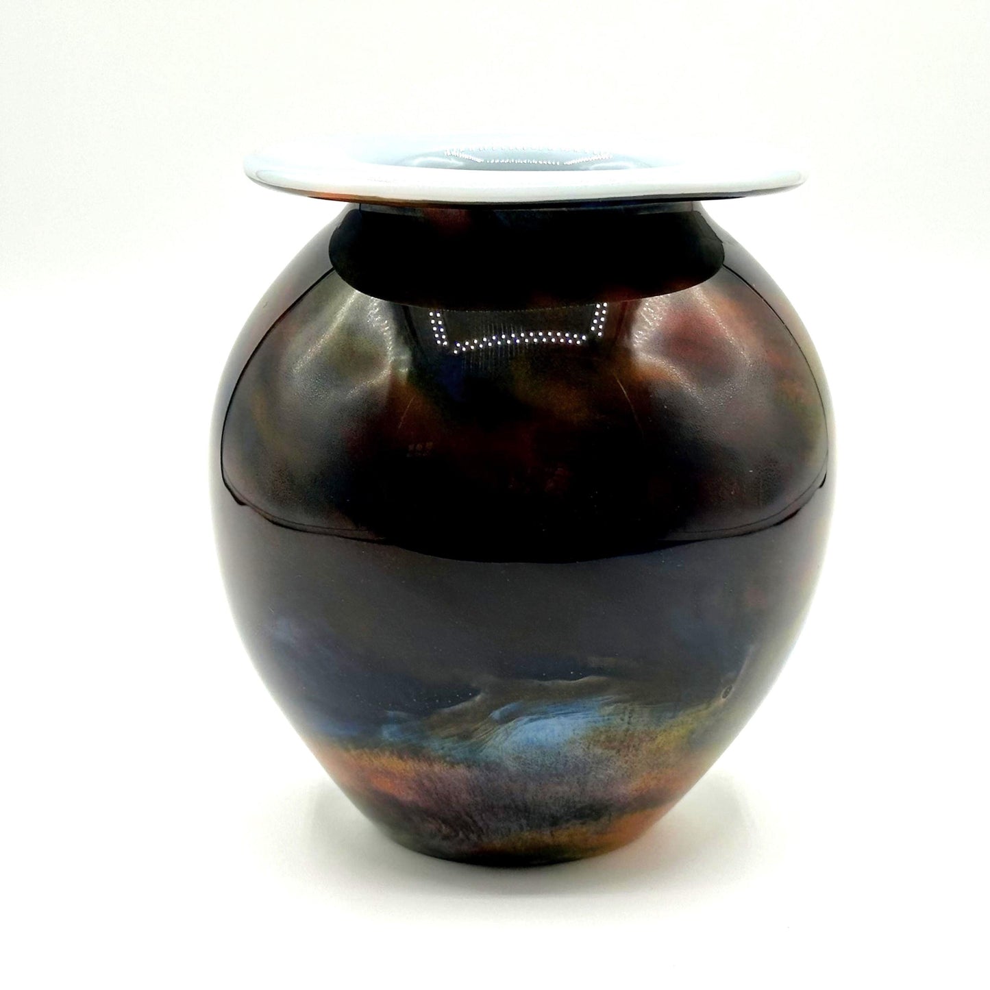 Iridescent Handblown Art Glass Vase: Swirled Decorative Vessel with Wide Rim - Modern Vintage Home Decor
