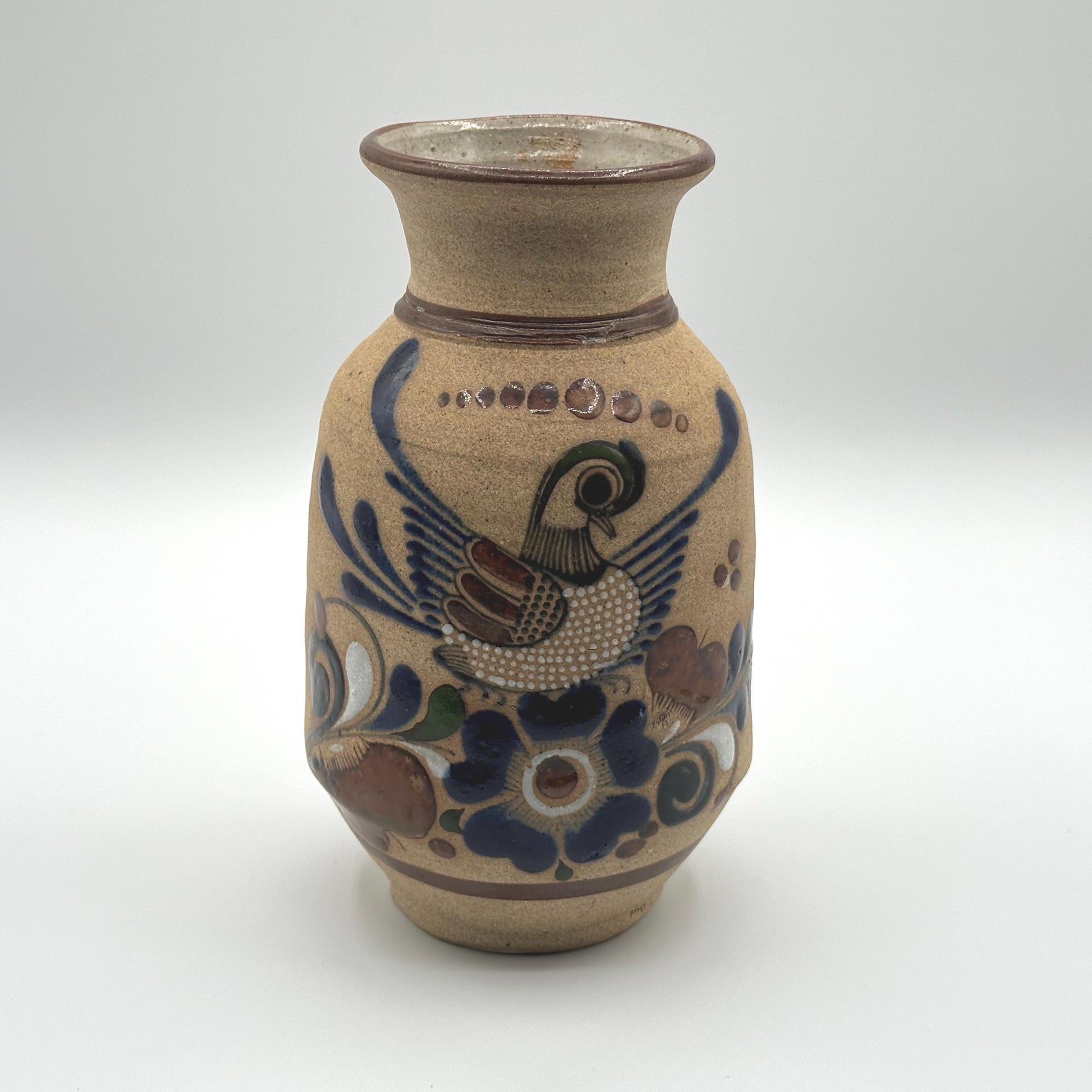 Rustic Hand-Painted Mexican Folk Art Vase - Vintage Ceramic Pottery with Bird & Floral Design