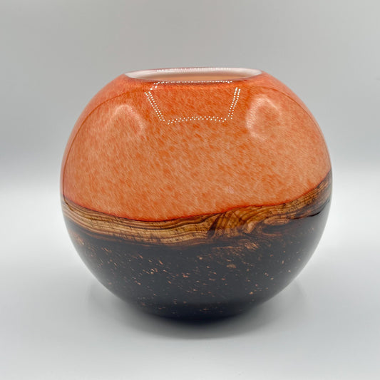 Elegant Round Art Glass Vase: Modern Orange & Brown Swirl Decorative Vessel for Contemporary Homes