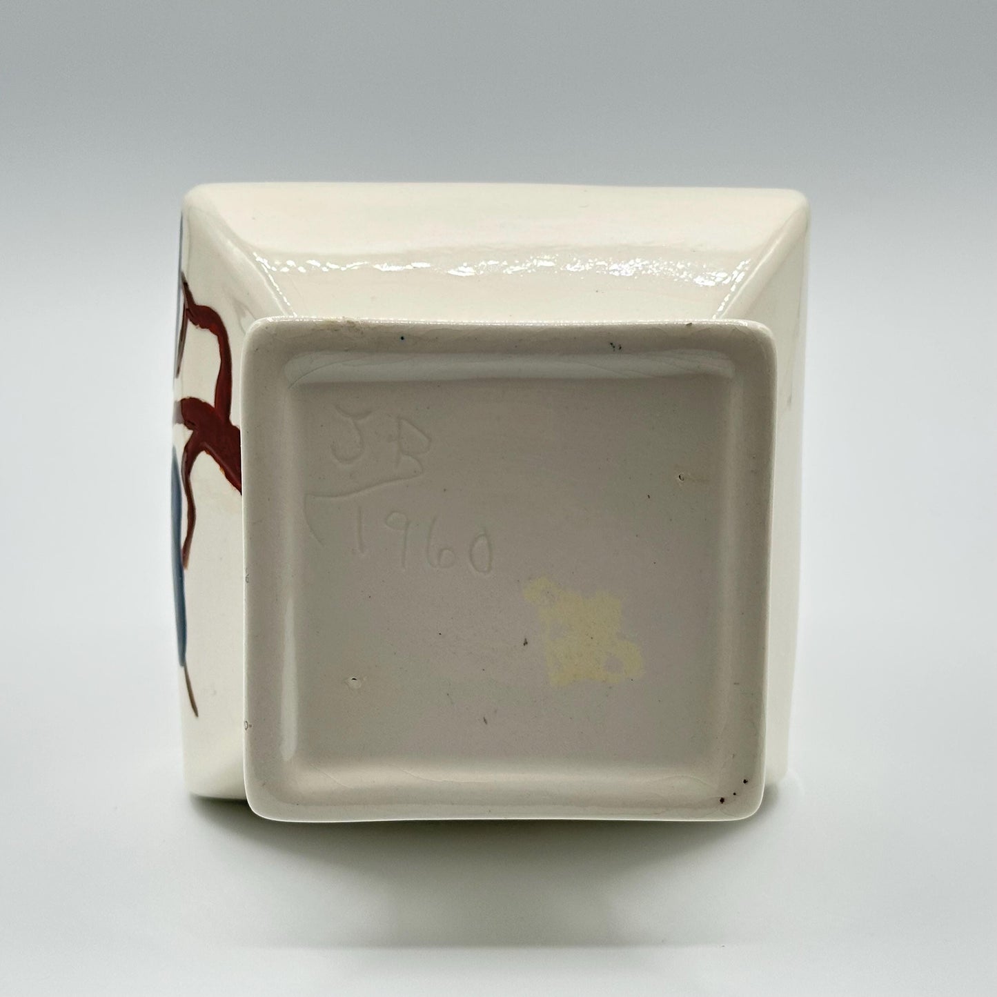 Vintage Ivory Ceramic Vase with Hand-Painted Blue Leaf Design - Asian-Inspired Glazed Pottery Floral Accent