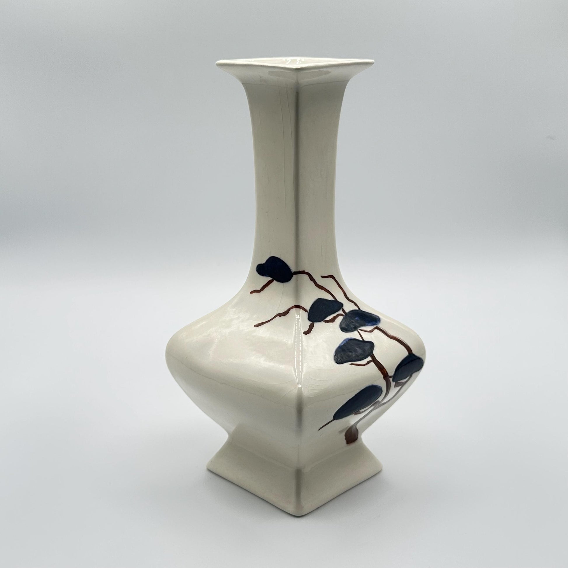 Vintage Ivory Ceramic Vase with Hand-Painted Blue Leaf Design - Asian-Inspired Glazed Pottery Floral Accent