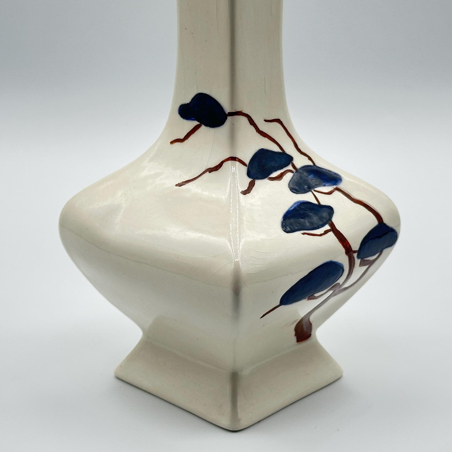 Vintage Ivory Ceramic Vase with Hand-Painted Blue Leaf Design - Asian-Inspired Glazed Pottery Floral Accent