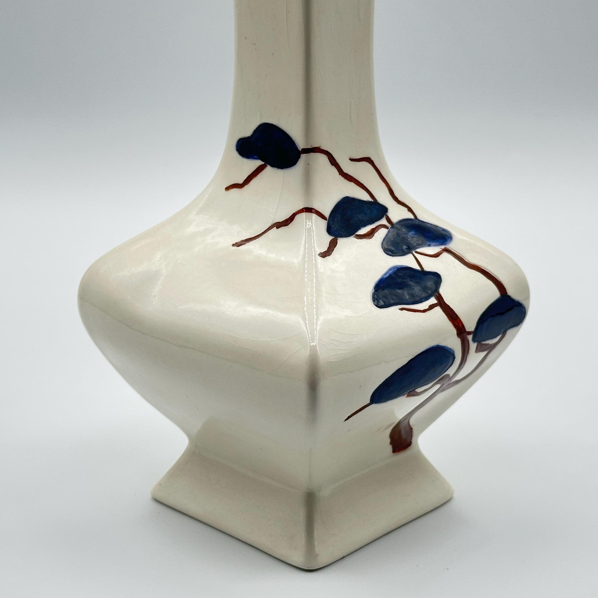 Vintage Ivory Ceramic Vase with Hand-Painted Blue Leaf Design - Asian-Inspired Glazed Pottery Floral Accent