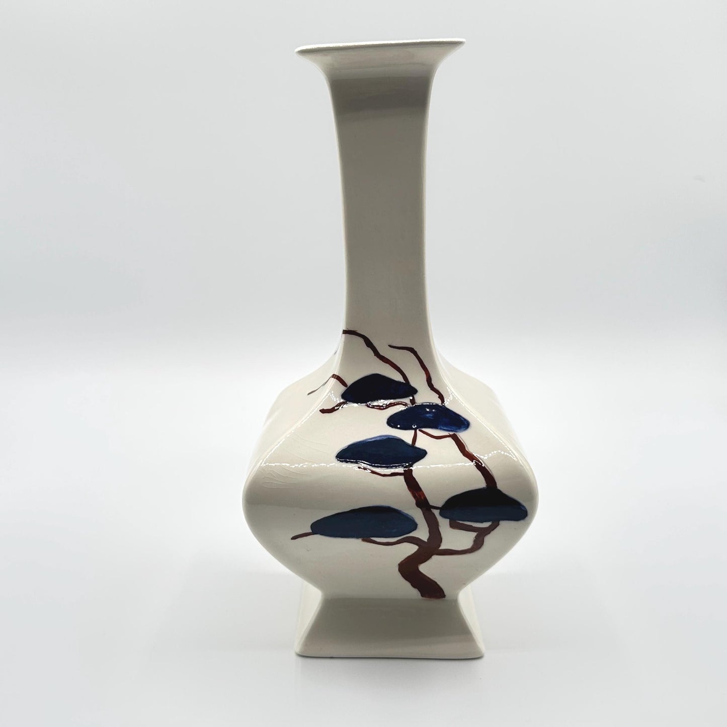 Vintage Ivory Ceramic Vase with Hand-Painted Blue Leaf Design - Asian-Inspired Glazed Pottery Floral Accent