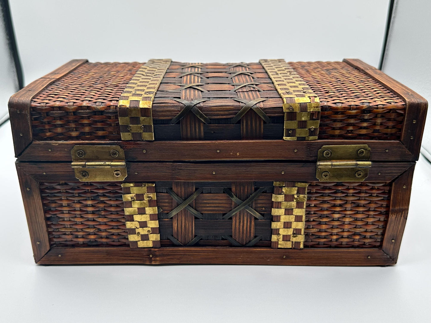Vintage Bombay Company Woven Wood & Brass Chest - Rustic Jewelry Trinket Box with Latch