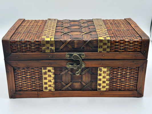 Vintage Bombay Company Woven Wood & Brass Chest - Rustic Jewelry Trinket Box with Latch