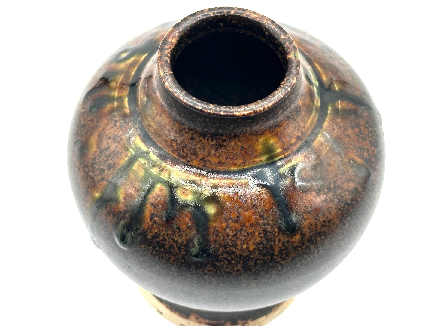 Vintage Studio Pottery Vase: Earthy Brown & Green Drip Glaze Handmade Ceramic Mid-Century Modern Boho Decor