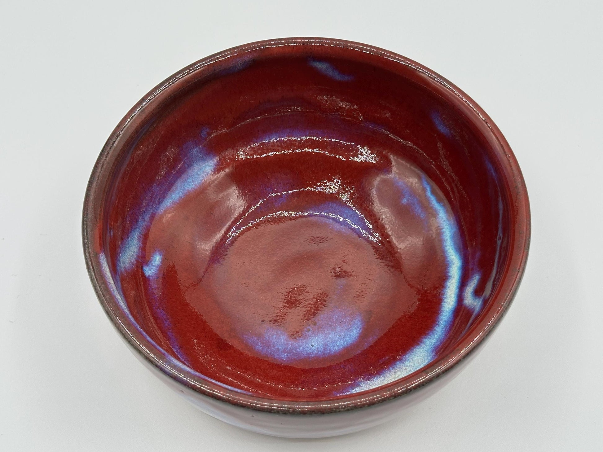 Vintage Artist-Signed Ceramic Bowl: Rustic Red & Blue Drip Glaze Pottery Dish - Handmade Boho Decor