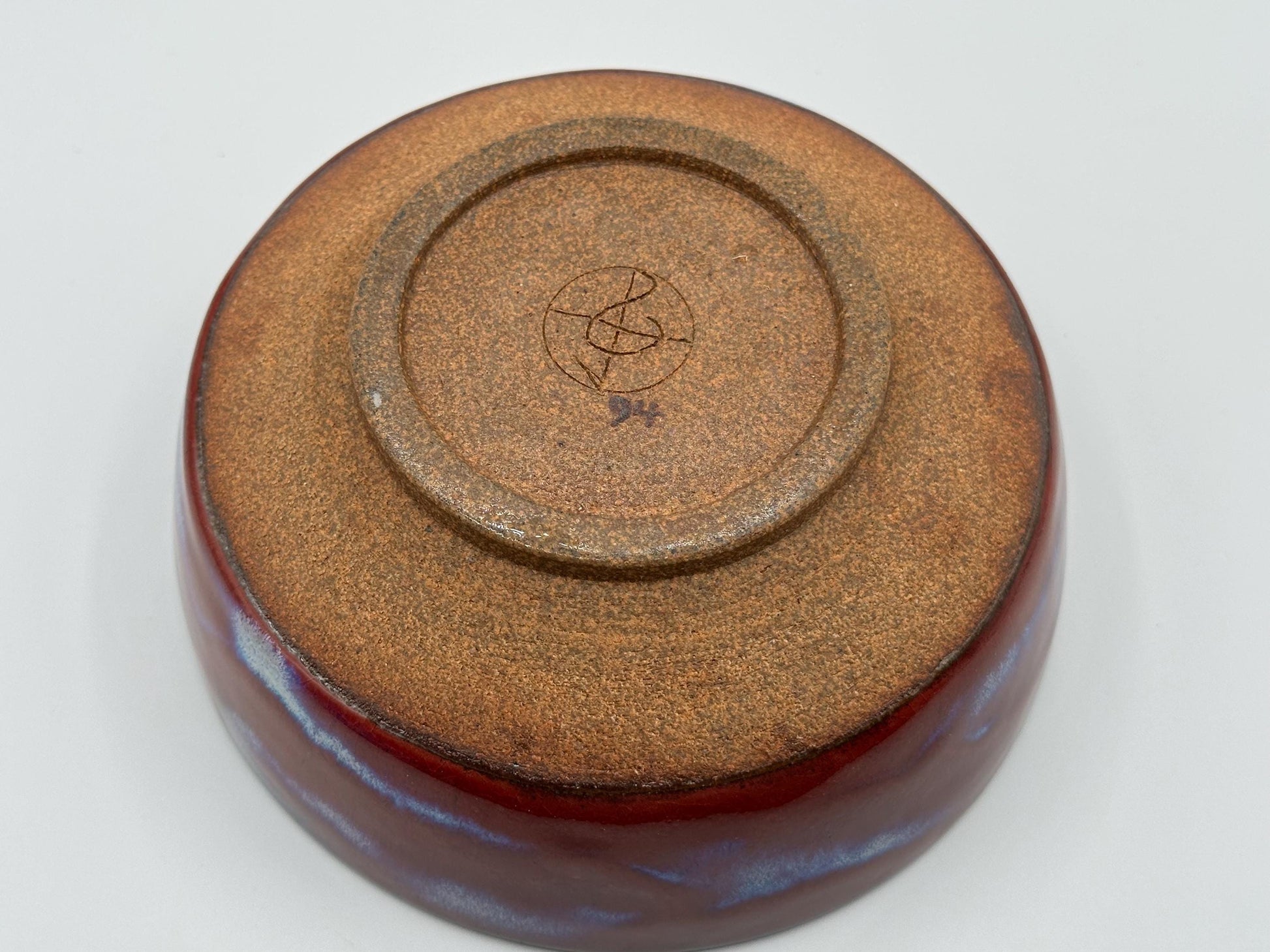 Vintage Artist-Signed Ceramic Bowl: Rustic Red & Blue Drip Glaze Pottery Dish - Handmade Boho Decor