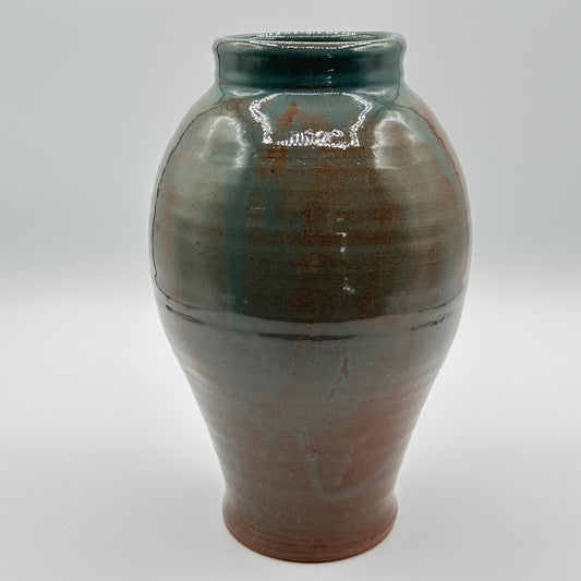 Artisan-Signed Rustic Stoneware Vase - Handmade Pottery with Brown & Blue Drip Glaze
